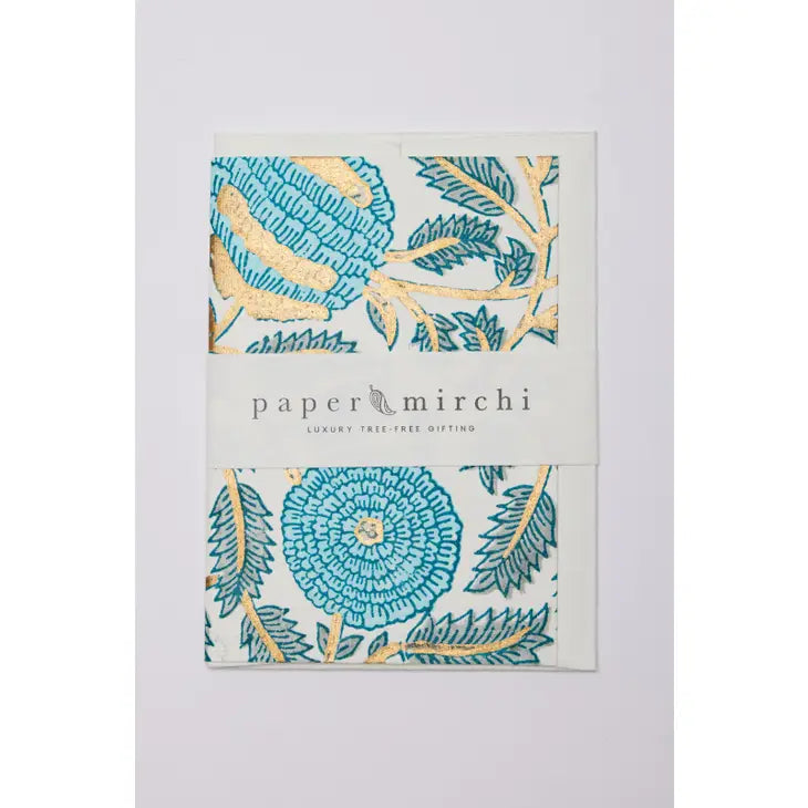 Marigold Glitz Turquoise | Paper Mirchi Block Printed Greeting Card