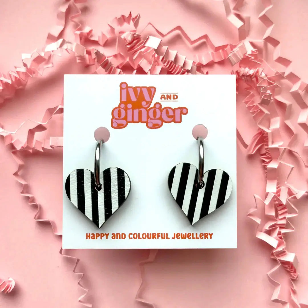 Black and White Monochrome Striped Heart | Handmade Wooden Earrings