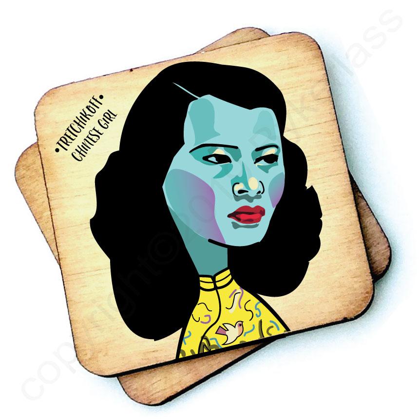 Image shows a wooden drinks coaster with a cartoon graphic of Tretchikoff Chinese Girl on the front