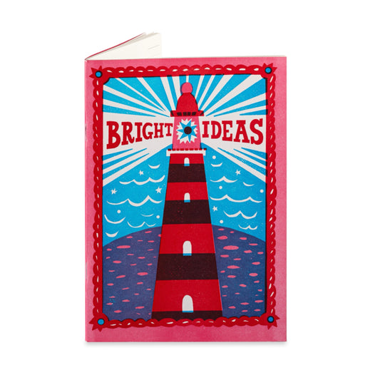 A colourful letterpress printed notebook with a lighthouse illustration and the text 'BRIGHT IDEAS' on the cover.