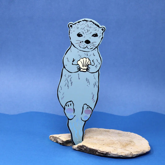 Cartoon leather otter bookmark holding a shell on a blue background
