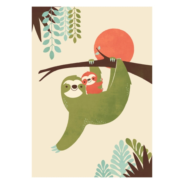 A greeting card featuring an illustration of a green sloth with a smaller red sloth riding on its back, set against a backdrop of a orange sun and green foliage.