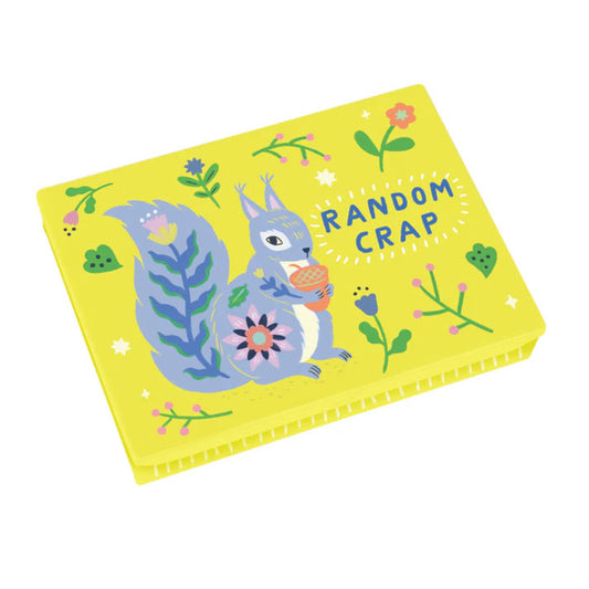 Blue Q random crap yellow tin box featuring a squirrel and floral design