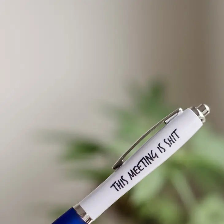 A white and blue with text on on that reads: This meeting is shit