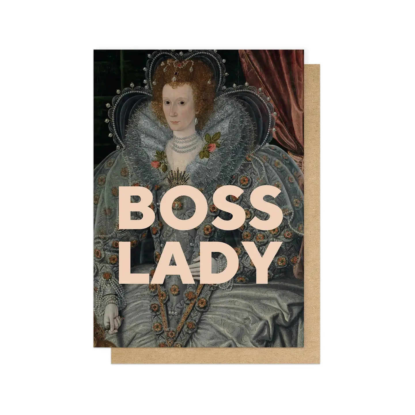 A greeting card featuring a historical painting of a woman with the text 'BOSS LADY' overlaid in large, bold letters.