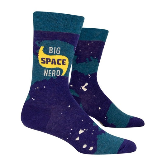 Blue q socks that are Purple and blue with white spots. The text on the middle of the socks reads “Big Space Nerd”