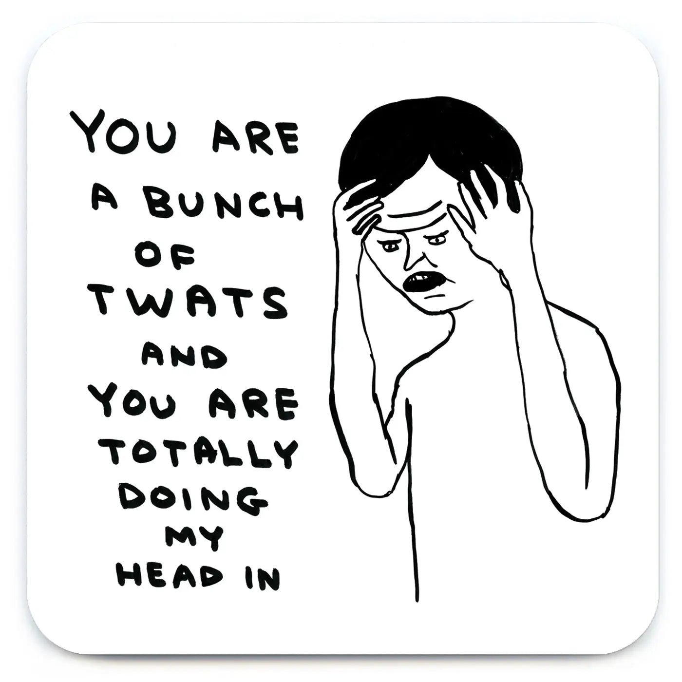 Illustration of a person holding their head with text on a white background