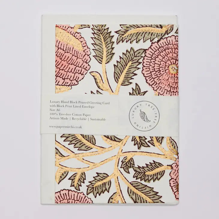 Marigold Glitz Coral | Paper Mirchi Block Printed Greeting Card