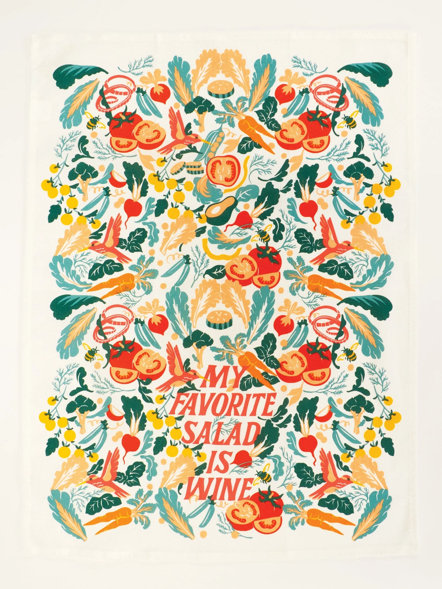 Illustration of vegetables with text 'My Favorite Salad is Wine' on a beige background