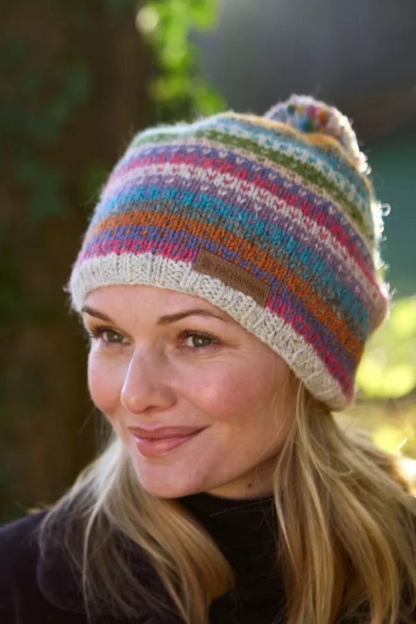 Pachamama Fairtrade Villarica Pastel Stripe | Wool Bobble Beanie