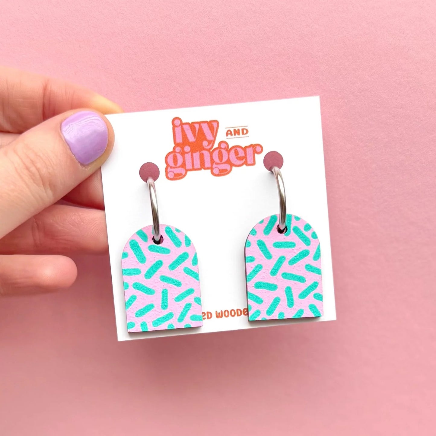 Pink and Teal Dash Print Arch | Ivy And Ginger Wooden Earrings
