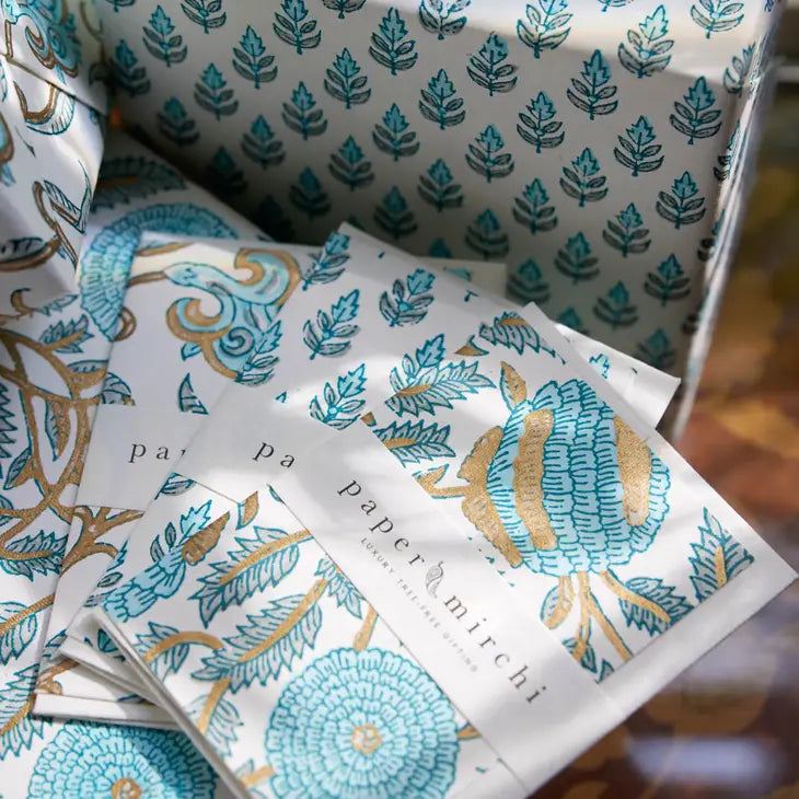 Marigold Glitz Turquoise | Paper Mirchi Block Printed Greeting Card