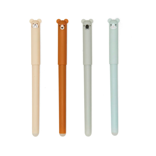 4 different animal shaped erasable pens. a light brown dog pen, bear pen, koala pen and a mouse pen 