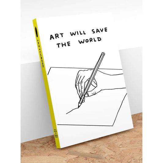 Book titled 'Art Will Save the World' with a hand holding a pencil illustration on a white background.