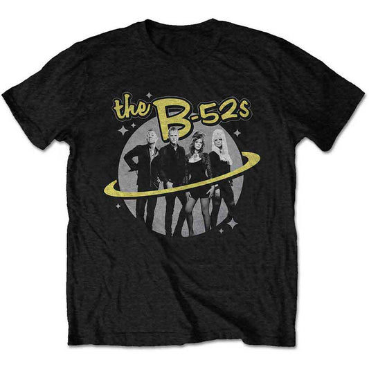 A Black B52s Unisex T-Shirt featuring the 'Saturn Photo' design motif. The print on the shirt is Grey, Black And Yellow
