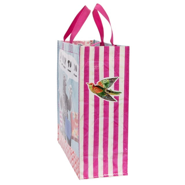 Blue Q 'so much to do' shopper with pink and white stripes on the side and a little green and red bird