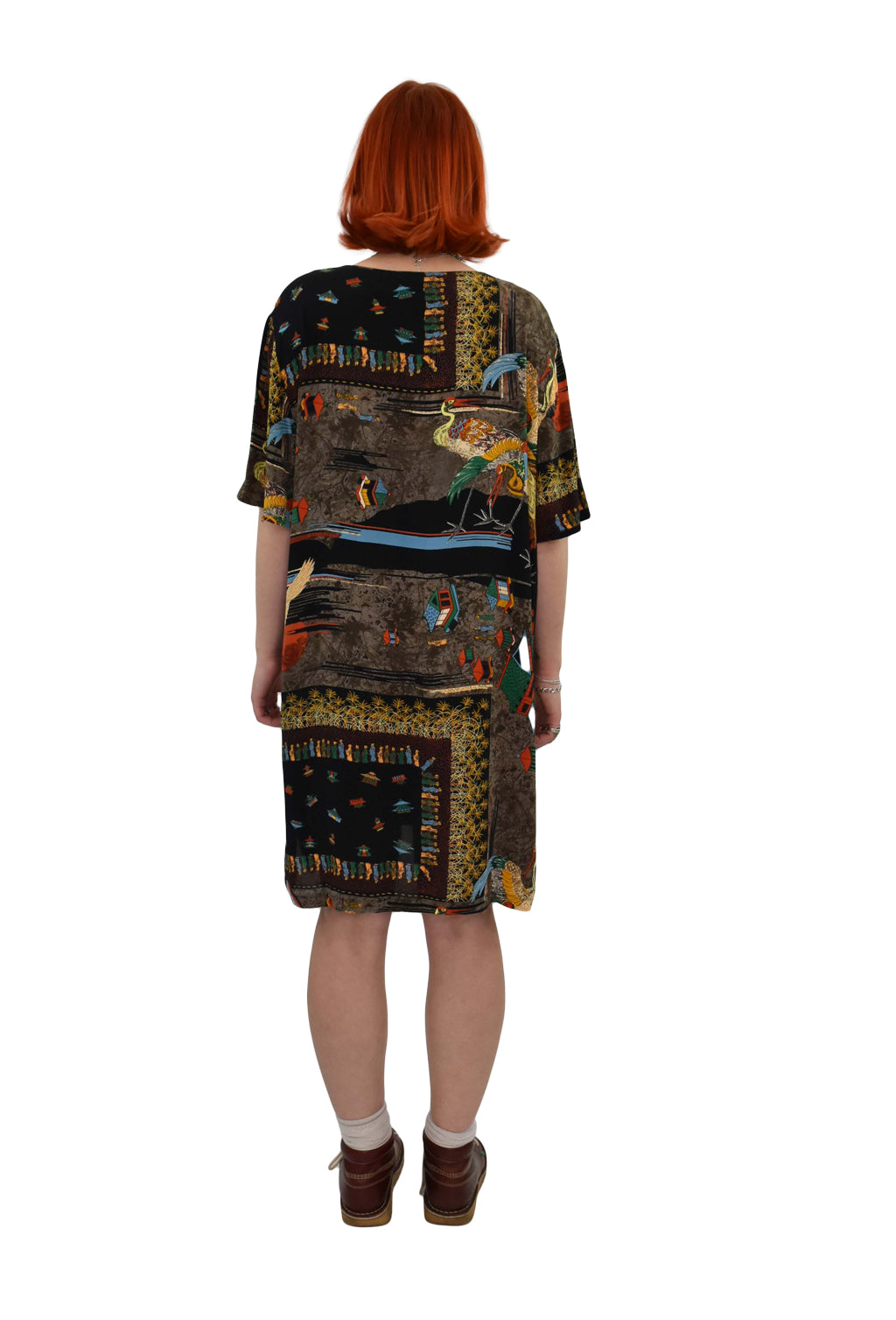 1990’s Oriental Motif Print Loose Shirt Dress | Preloved