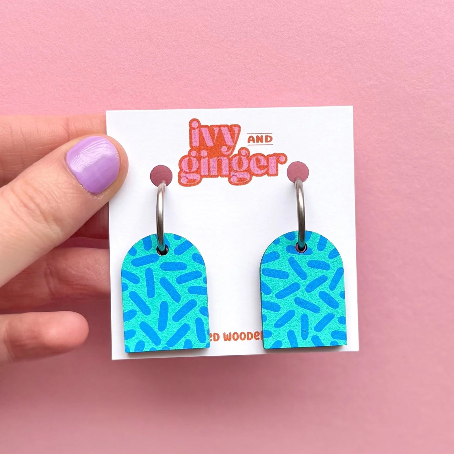 Teal Blue Dash Print Arch | Ivy And Ginger Wooden Earrings