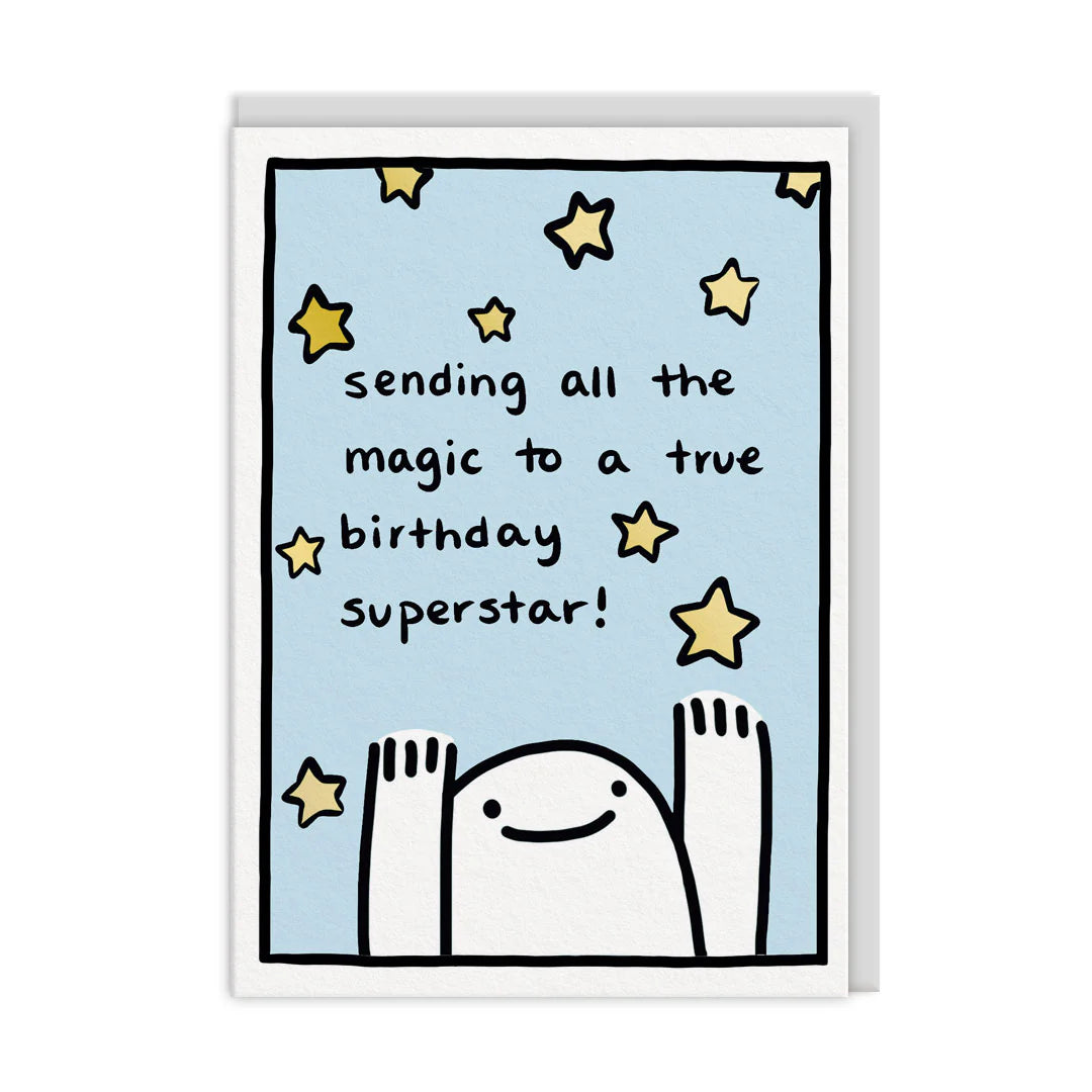 Cartoon character with text 'sending all the magic to a true birthday superstar!' on a light blue background with stars.