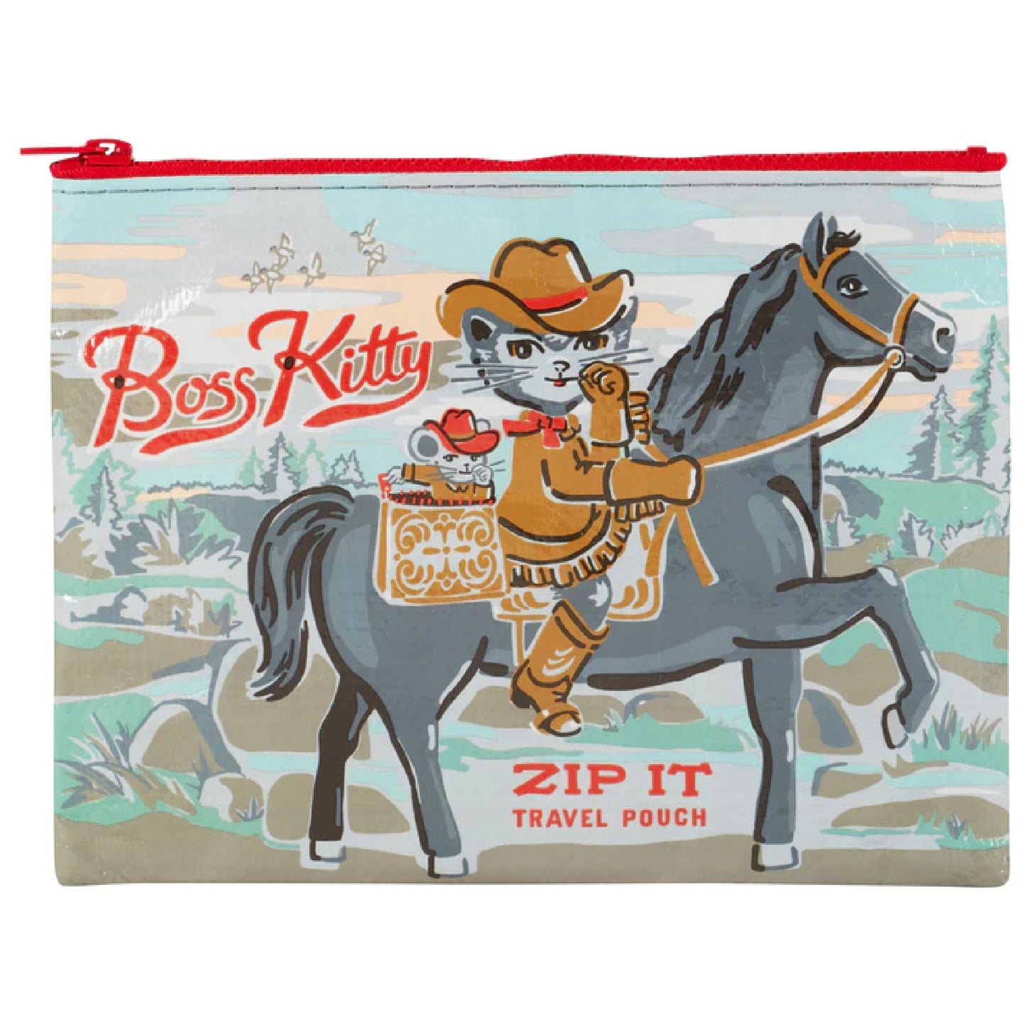 A Blue Q zipper pouch with an illustration of a cat wearing a cowboy hat riding a horse, with the text 'Boss Kitty' and 'ZIP IT TRAVEL POUCH'.