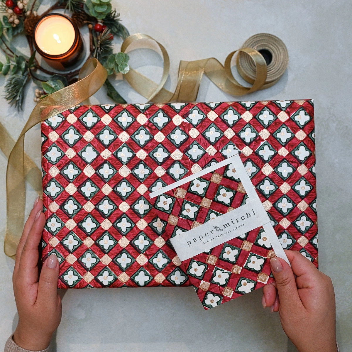 Floral Checks Scarlet | Paper Mirchi Hand Blocked Wrapping Paper