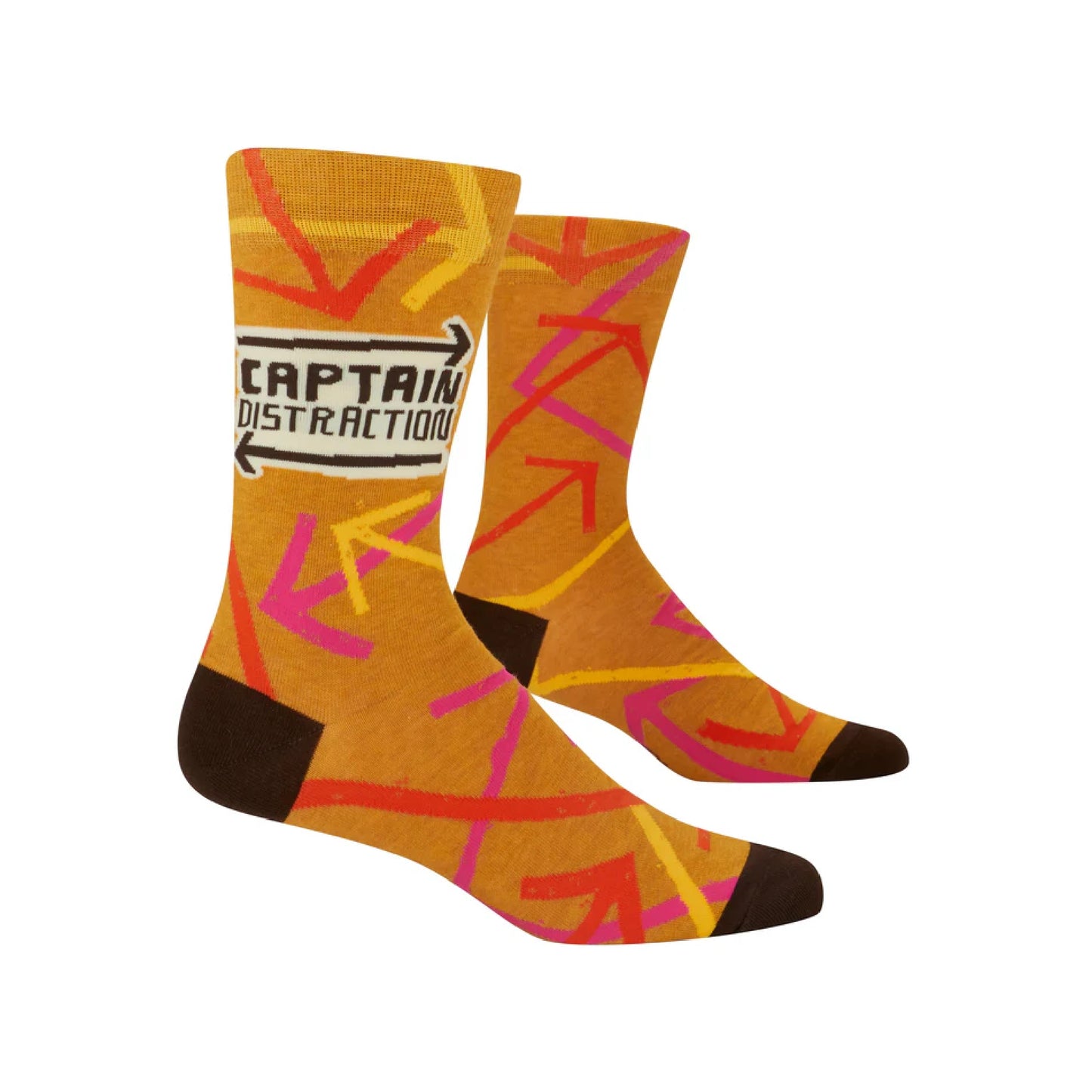 A pair of socks with a geometric pattern in orange, pink, and black colors, and the text 'CAPTAIN DISTRACTION' featured prominently.
