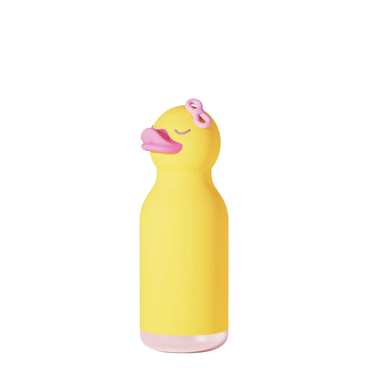 Yellow duck-shaped water bottle with pink accents on a white background