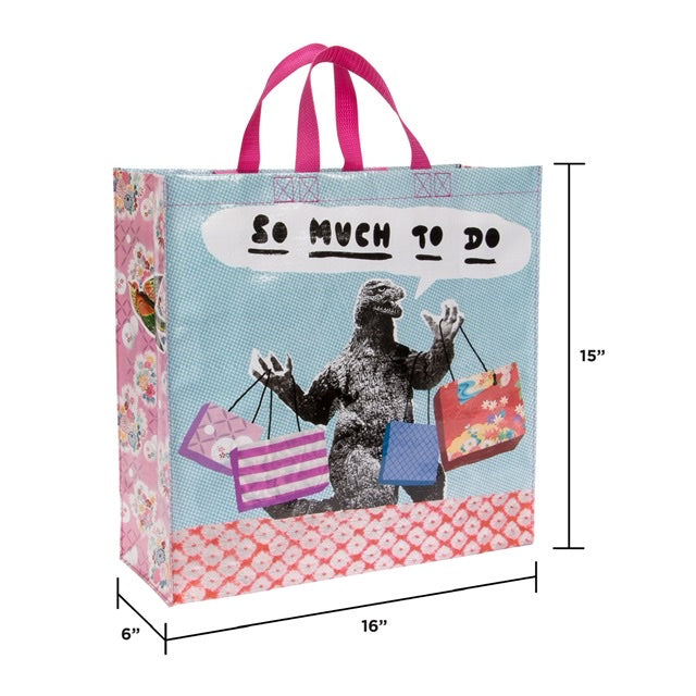 Blue Q ‘so much to do’ shopper showing the dimensions of the bag