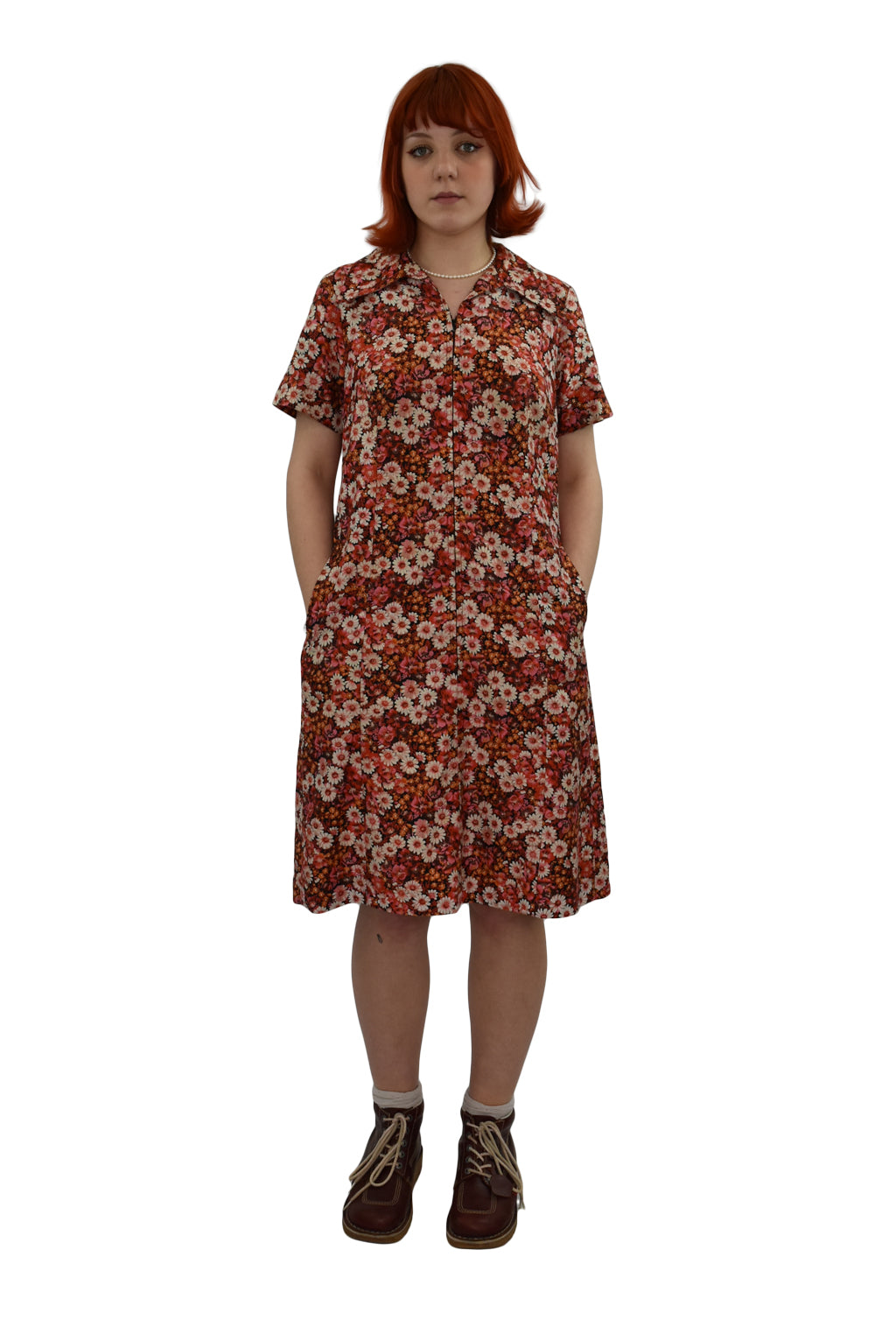 1970’s Zip Front Floral Dress With Dagger Collars | Vintage
