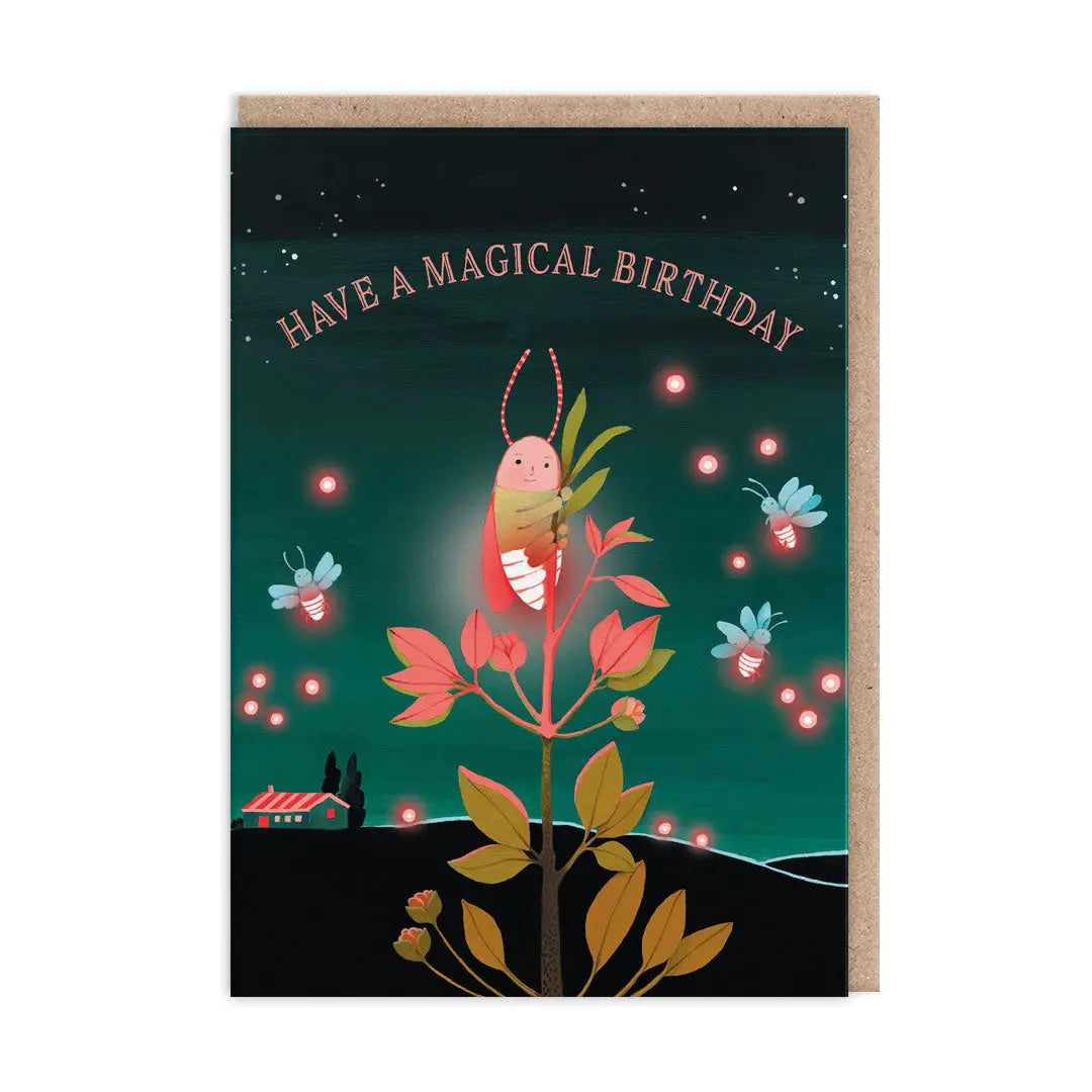 A greeting card with an illustration of a firefly sitting on a flower, with text 'HAVE A MAGICAL BIRTHDAY' on the top, against a night sky background.