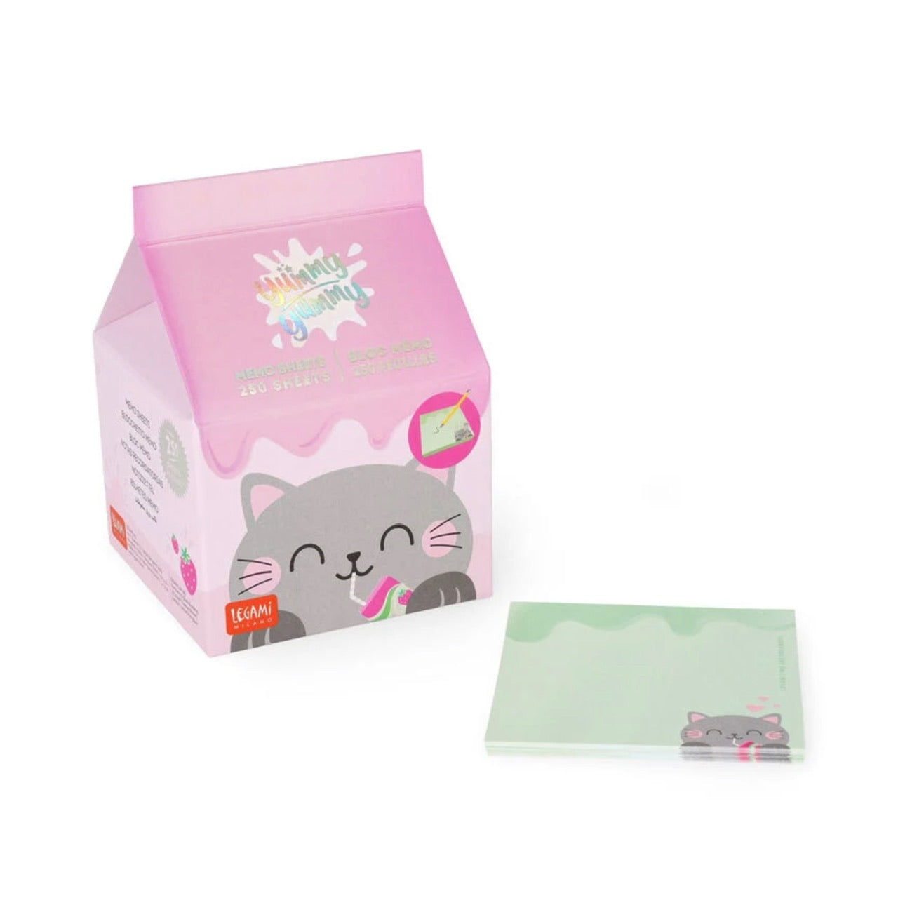 A little pink milk carton that contains 250 memo sheets. On the front there is a cat drinking some strawberry milk.