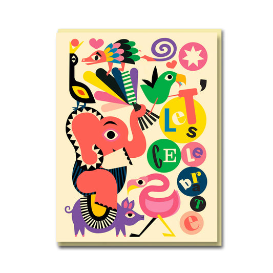 A colourful birthday card with swirls and patterns that features an elephant, pig, flamingo, porcupine and two birds. There is text on the card that reads 'Lets Celebrate'