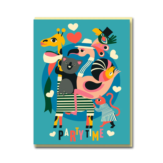 A blue card with a cartoon Giraffe, Koala, Cat, Flamingo and a Bird on the front. The text on the card reads 'Party Time'