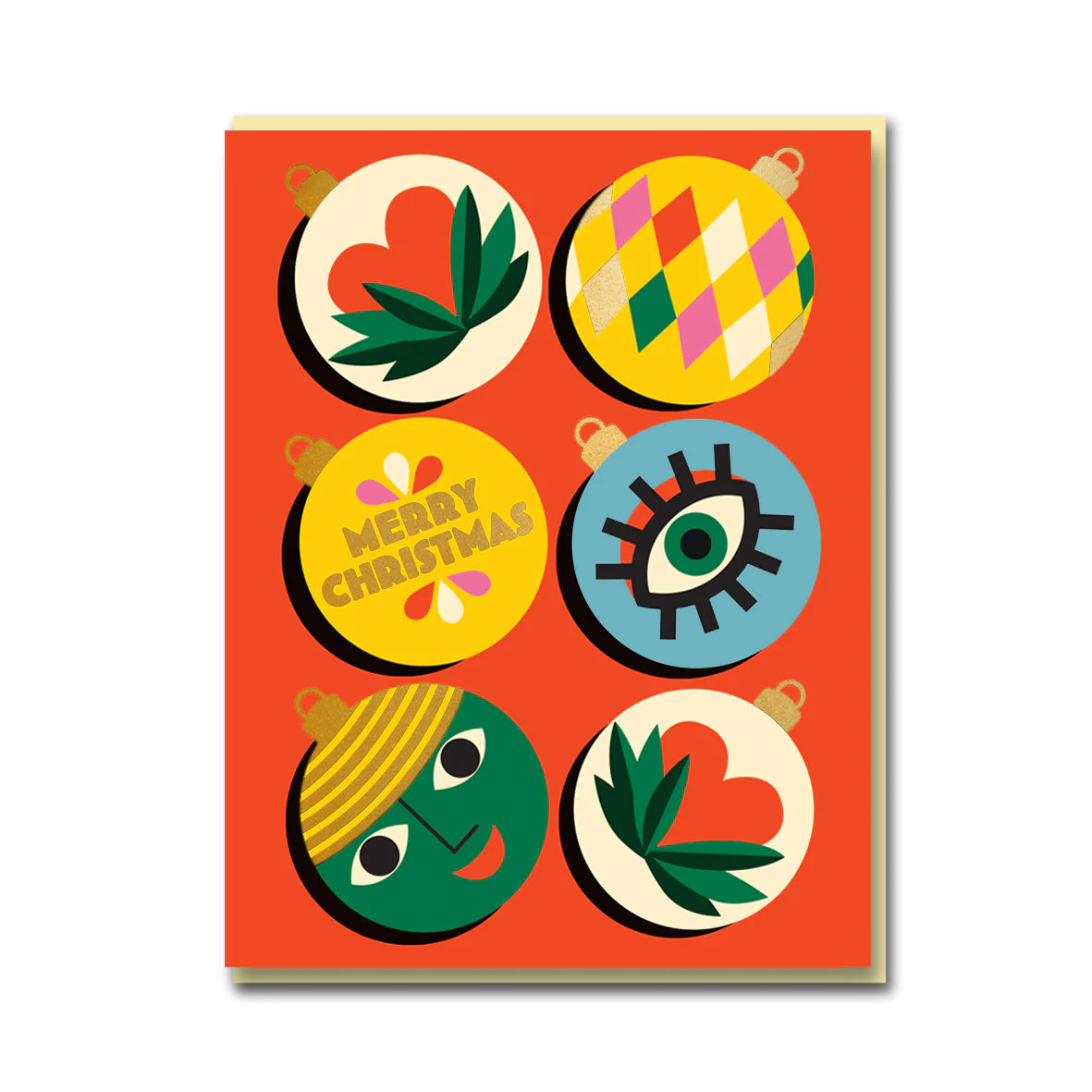 A pack of Christmas cards with 6 baubles on the front with lovely colourful designs on. The text reads: Merry Christmas