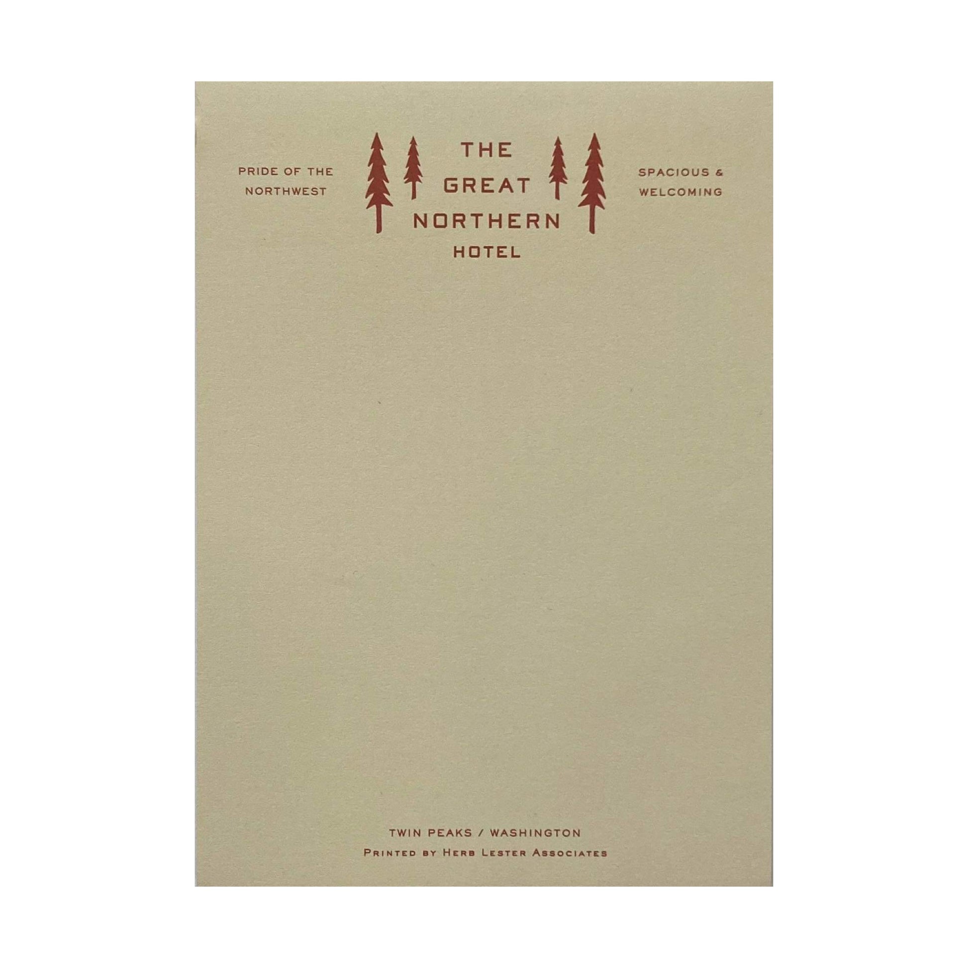 A light green note pad with 'The great northern hotel' Written on the front