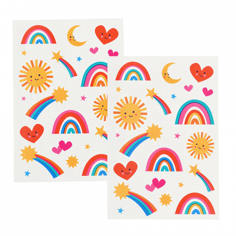 2 sheets of cosmic love temporary tattoo sheets includeing rainbows, hearts, stars, suns and moon tattoos