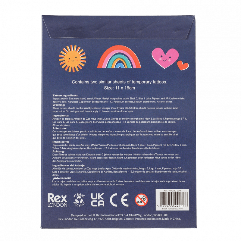 The back of the cosmic love temporary tattoo packaging