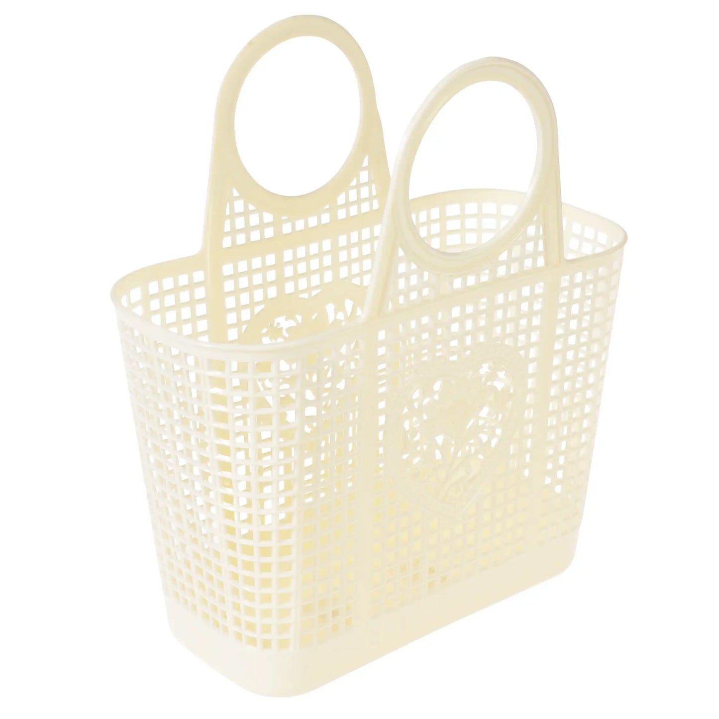 A cream plastic basket with a love heart and flower design on on the front