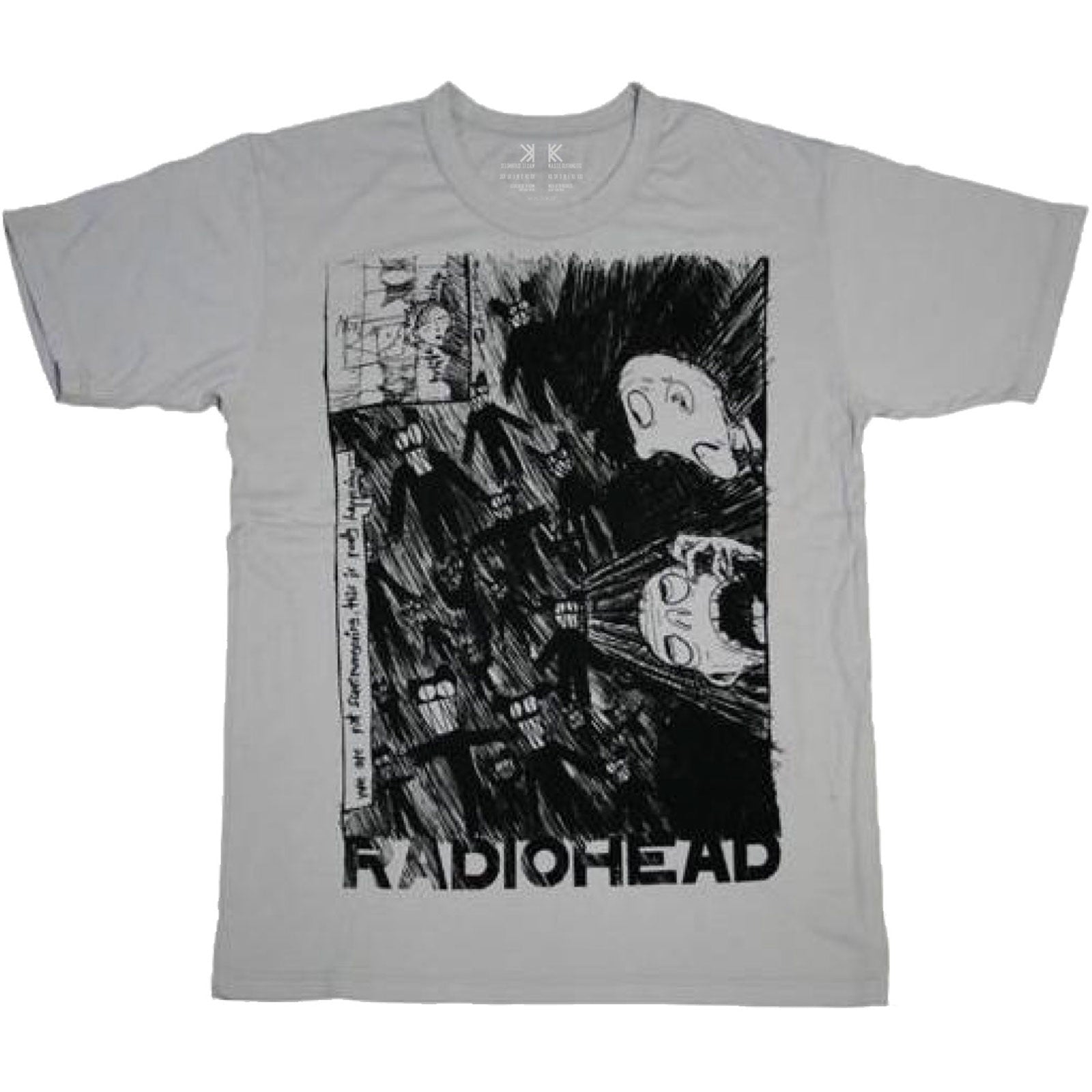 A Grey unisex t-shirt featuring the Radiohead 'Scribble' design motif. The print on the shirt is Black.