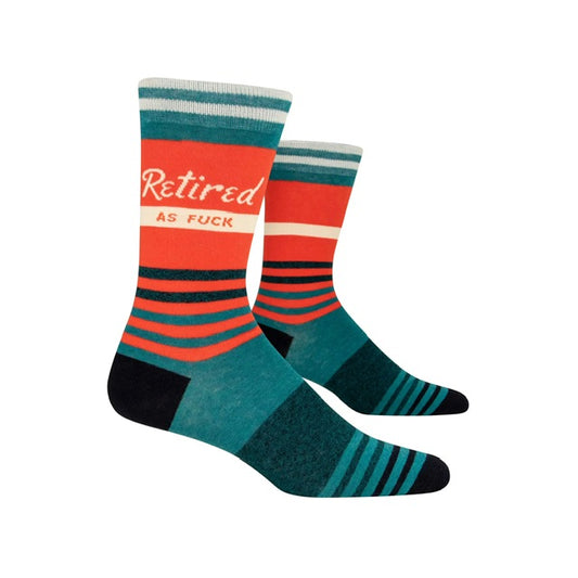Red cream and teal green stripe socks from Blue Q.  Text reads retired as fuck.