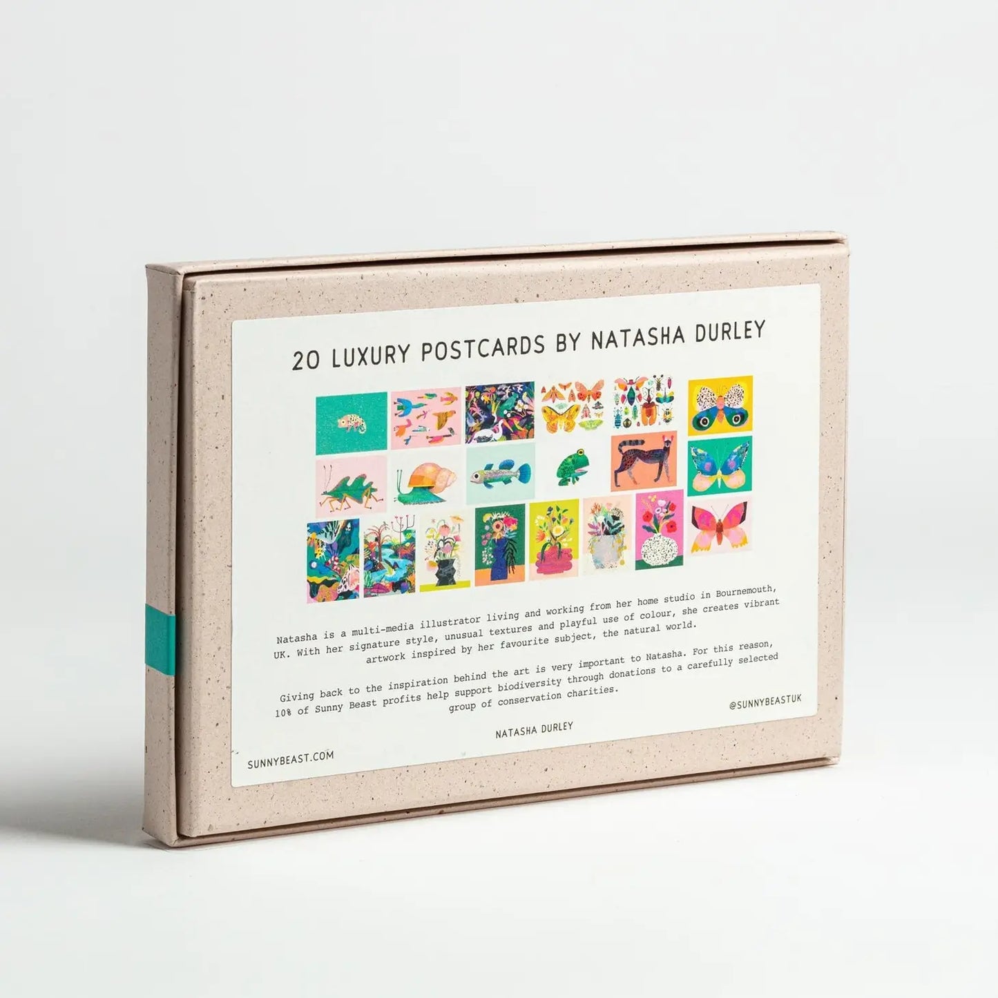 The back of the box for the postcards designed by Natasha Durley showing you the contents of the box