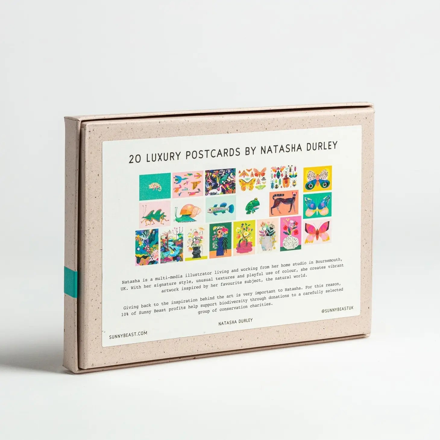 The back of the box for the postcards designed by Natasha Durley showing you the contents of the box