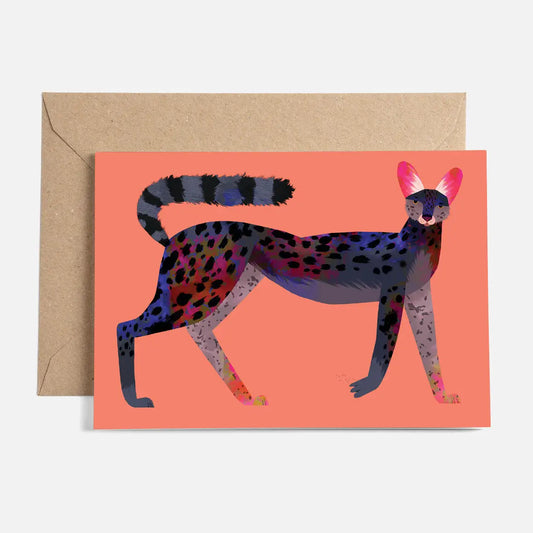 A coral card with a lovely print of a large Black Serval cat with large pink ears on the front, printed on a card