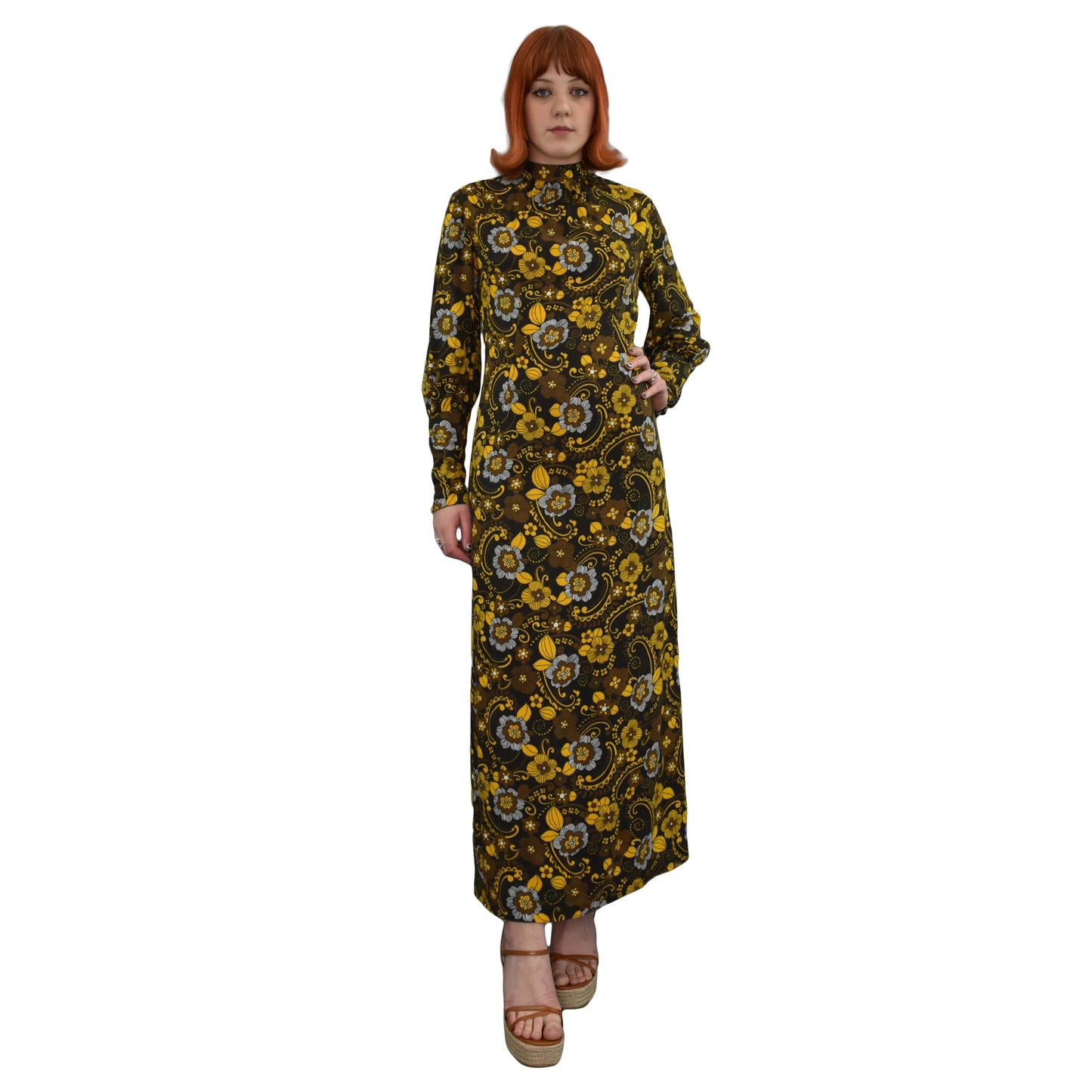 Vintage 70s flower power maxi dress brown yellow