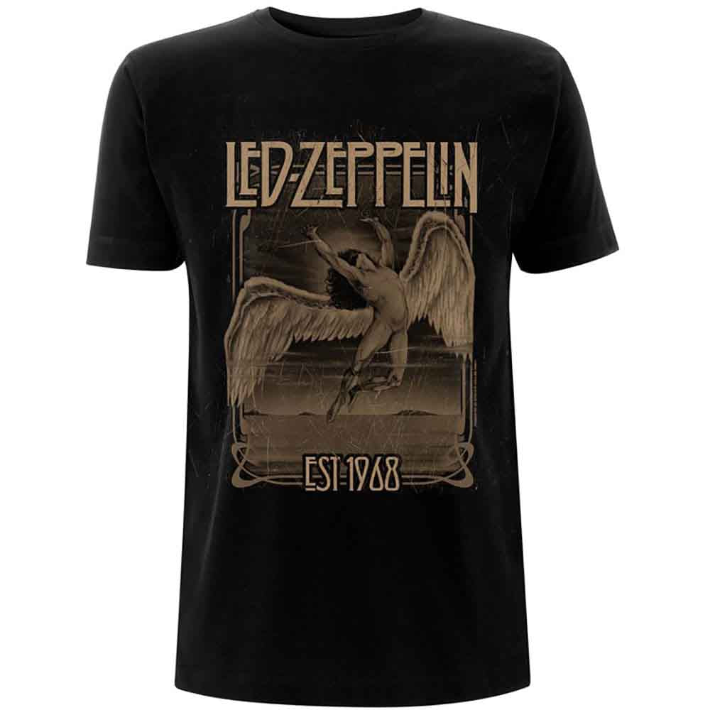 A Black T-shirt featuring the Led Zeppelin 'Faded Falling' design motif.. The print on the t-shirt is Brown.
