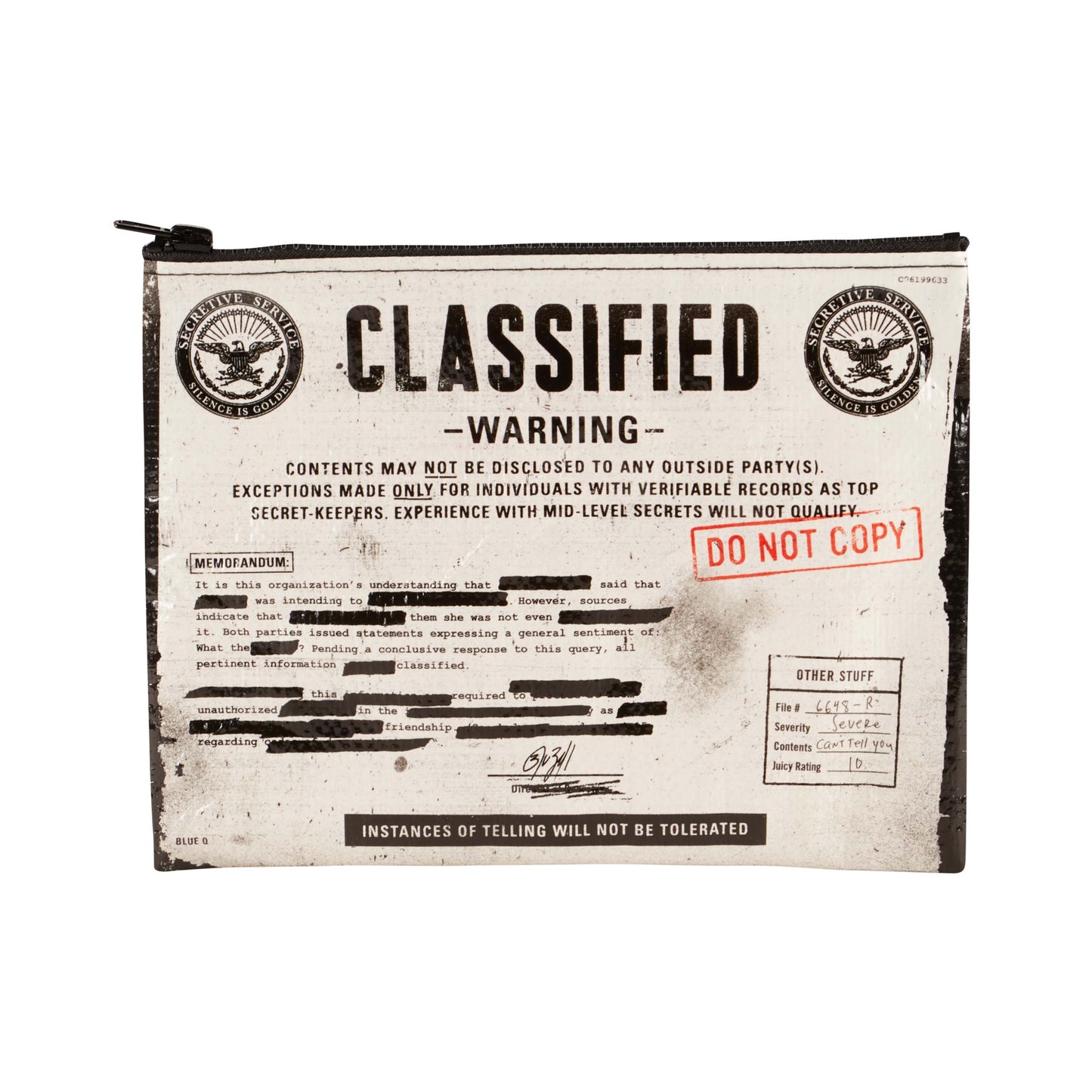 A white and black pouch with text on that reads: Classified warning do not copy written on the front