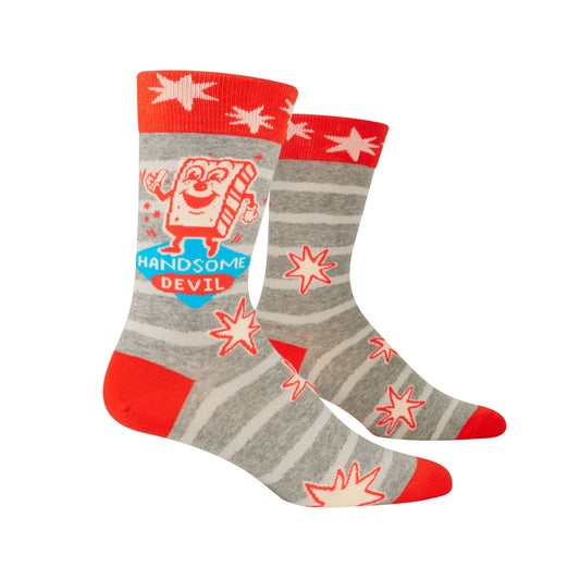 A pair of grey and red socks with a square smiley character on the side. The text reads: Handsome devil