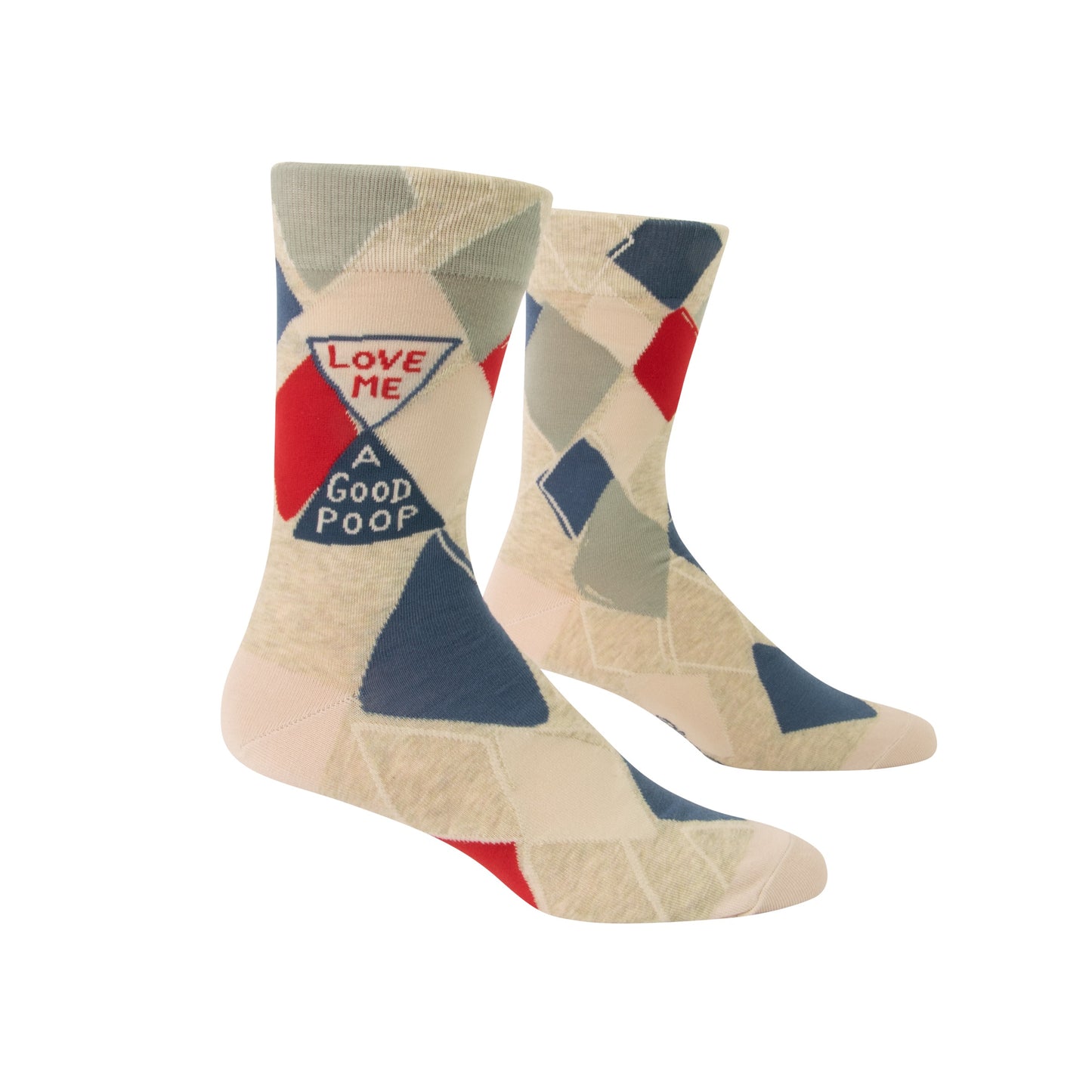 Red, blue and white women's socks with text on that reads: Love me a good poop