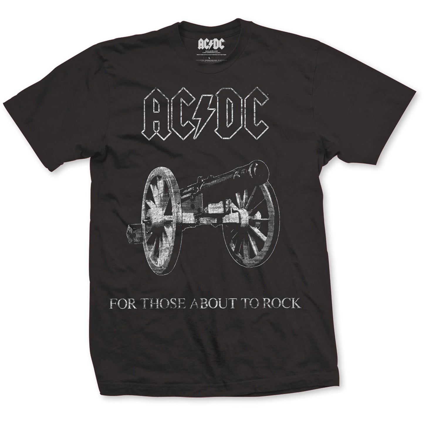 A Black AC/DC unisex t-shirt featuring the 'About to Rock' design motif. The print on the shirt is White.