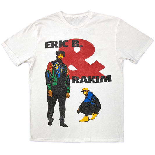 A White Eric B. & Rakim Unisex T-Shirt featuring the 'Don't Sweat' design motif.  The print on the shirt is Black and red.